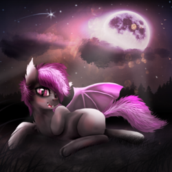 Size: 2000x2000 | Tagged: safe, artist:kaine, oc, oc only, oc:iris, bat pony, pony, fangs, female, high res, moon, night, solo