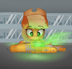 Size: 2000x1908 | Tagged: safe, artist:vanillaghosties, applejack, g4, crossover, female, glowing, gun, halo (series), solo, weapon