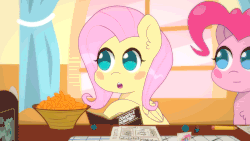 Size: 1000x563 | Tagged: safe, artist:omegaozone, fluttershy, pinkie pie, earth pony, pegasus, pony, g4, animated, book, cute, diapinkes, dungeons and dragons, duo, eyes closed, female, frame by frame, gif, no pupils, ogres and oubliettes, roleplaying, roleponies, shyabetes, smiling