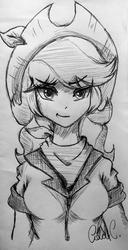 Size: 1667x3264 | Tagged: safe, artist:ciderpunk, oc, oc only, oc:applesunrise, human, black and white, clothes, grayscale, hat, humanized, humanized oc, monochrome, scarf, solo, traditional art, western