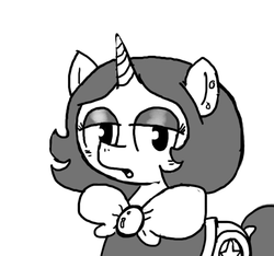 Size: 640x600 | Tagged: safe, artist:ficficponyfic, oc, oc only, oc:joyride, pony, unicorn, colt quest, bowtie, cloud, concerned, ear piercing, eyeshadow, female, horn, makeup, mantle, mare, monochrome, piercing, solo, story included