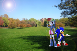 Size: 1800x1200 | Tagged: safe, artist:trungtranhaitrung, rainbow dash, equestria girls, g4, 3d, building, crossover, equestria girls in real life, interspecies, male, park, shade, shipping, sonic the hedgehog, sonic the hedgehog (series), sonicdash, straight, sun, tree