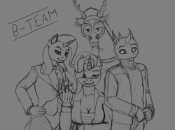 Size: 750x559 | Tagged: safe, artist:wwredgrave, discord, starlight glimmer, thorax, trixie, anthro, g4, to where and back again, a-team, clothes, fishnet stockings, grayscale, lidded eyes, monochrome, pantyhose, reformed four, simple background, sketch, smiling, tailcoat