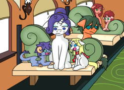 Size: 1280x930 | Tagged: safe, artist:jolliapplegirl, rarity, oc, oc:crescent moonstone, oc:lapis hondo lazuli, dracony, earth pony, hybrid, pony, unicorn, g4, adopted offspring, annoyed, argument, clothes, family, floppy ears, interspecies offspring, motherhood, offspring, parent:rarity, road trip, scarf, sibling rivalry, siblings, train