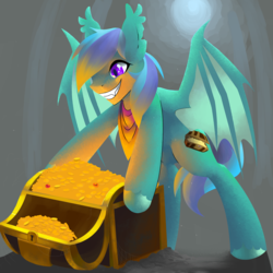 Size: 2449x2449 | Tagged: safe, artist:wynnchi, oc, oc only, oc:treasure hunter, bat pony, pony, glowing, gold, high res, smiling, solo, treasure, treasure chest