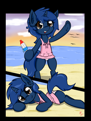 Size: 1700x2250 | Tagged: safe, artist:chilimod, oc, oc only, oc:starlight blossom, pony, unicorn, beach, bikini bottom, bipedal, bomb pop, clothes, cute, female, filly, food, looking at you, lying down, ocbetes, one-piece swimsuit, popsicle, prone, skirt, skirt lift, solo, sploot, standing, swimsuit, underhoof
