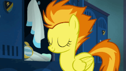 Size: 1280x720 | Tagged: safe, screencap, spitfire, pegasus, pony, g4, top bolt, absurd file size, animated, blinking, cute, cutefire, female, folded wings, gif, locker room, lockers, mare, raised hoof, solo, talking, that pony sure does love whistles, wings