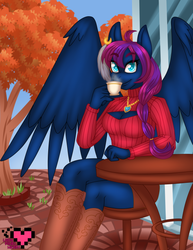 Size: 500x647 | Tagged: safe, artist:ladypixelheart, oc, oc only, oc:silohuette, pegasus, anthro, autumn, boob window, boots, braid, breasts, cafe, clothes, coffee, female, keyhole turtleneck, open-chest sweater, solo, sweater, turtleneck