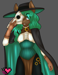 Size: 500x647 | Tagged: safe, artist:ladypixelheart, oc, oc only, oc:sprocket, anthro, breasts, clothes, corset, ear piercing, earring, female, jewelry, piercing, plague doctor, plague doctor mask, solo