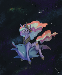 Size: 3000x3600 | Tagged: safe, artist:docwario, princess celestia, dolphin, pony, g4, high res, looking at you, space, wat, wide eyes