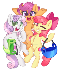 Size: 1024x1213 | Tagged: dead source, safe, artist:hawthornss, apple bloom, scootaloo, sweetie belle, earth pony, pegasus, pony, unicorn, g4, season 6, the cart before the ponies, cute, cutie mark, cutie mark crusaders, female, filly, foal, helmet, looking at you, the cmc's cutie marks, trio, watermark
