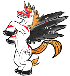 Size: 1522x1650 | Tagged: safe, artist:dyw14, alicorn, pony, unimon, crossover, digimon, ponified, rearing, sharp teeth, simple background, solo, tattered wings, teeth, white background