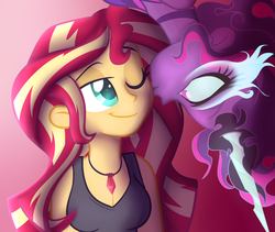 Size: 1024x864 | Tagged: dead source, safe, artist:wubcakeva, sci-twi, sunset shimmer, twilight sparkle, equestria girls, g4, breasts, bust, cheek kiss, cleavage, clothes, colored pupils, female, gradient background, jewelry, kissing, lesbian, midnight sparkle, necklace, no pupils, pink background, ship:sci-twishimmer, ship:sunsetsparkle, shipping, simple background, smiling, sunnight, tank top, upside down