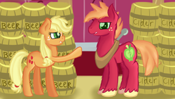 Size: 1280x720 | Tagged: safe, artist:jbond, applejack, big macintosh, earth pony, pony, g4, alcohol, barn, barrel, beer, brother and sister, cider, duo, female, fluffy, male, mare, siblings, stallion, sweet apple acres, teenage applejack, teenage big macintosh