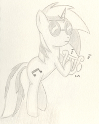 Size: 1450x1800 | Tagged: safe, artist:ramott, dj pon-3, vinyl scratch, pony, g4, female, lyre, monochrome, solo