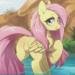 Size: 3000x3000 | Tagged: safe, artist:fensu-san, edit, fluttershy, pegasus, pony, g4, adorasexy, butt, cute, dock, explicit source, featureless crotch, female, flutterbutt, high res, looking at you, looking back, looking back at you, oasis, plot, raised hoof, raised tail, scenery, sexy, shyabetes, solo, tail, water, wet, wet mane