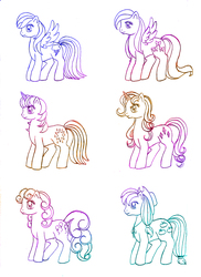 Size: 940x1292 | Tagged: safe, artist:shadowgirlfan, applejack, fluttershy, pinkie pie, rainbow dash, rarity, twilight sparkle, g1, g4, g4 to g1, generation leap, gradient lineart, mane six