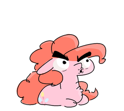 Size: 799x716 | Tagged: safe, artist:nobody, part of a set, pinkie pie, g4, angry, chest fluff, ears back, eyebrows, female, looking at something, open mouth, prone, reaction image, simple background, solo, white background