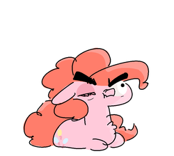 Size: 799x716 | Tagged: safe, artist:nobody, part of a set, pinkie pie, g4, angry, chest fluff, eyebrows, faic, female, floppy ears, looking at something, nose wrinkle, one eye closed, ponk, prone, reaction image, scrunchy face, simple background, solo, white background