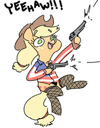 Size: 555x708 | Tagged: safe, artist:nobody, applejack, earth pony, pony, g4, american flag, amerijack, bipedal, clothes, cowboy hat, female, fishnet stockings, gun, handgun, hat, mare, murica, open mouth, panties, pistol, revolver, shirt, simple background, solo, stockings, underwear, weapon, white background, yeehaw