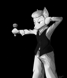 Size: 1200x1400 | Tagged: safe, artist:cheshiresdesires, pony, bipedal, clothes, david bowie, grayscale, microphone, monochrome, ponified, solo