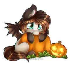 Size: 800x709 | Tagged: safe, artist:gela98, oc, oc only, oc:whimsy whisky, bat pony, pony, ear fluff, feather ears, grass, jack-o-lantern, looking at you, pumpkin, simple background, sitting, solo, spread wings, transparent background
