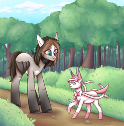 Size: 1480x1500 | Tagged: safe, artist:chiamonn, oc, oc only, oc:whimsy whisky, bat pony, pony, sylveon, bush, collar, forest, grass, looking down, pokémon, size difference, tree