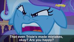 Size: 1920x1080 | Tagged: safe, screencap, trixie, pony, g4, to where and back again, angry, caption, discovery family logo, ears back, female, frown, glare, mare, open mouth, solo, subtitles