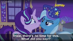 Size: 1920x1080 | Tagged: safe, screencap, starlight glimmer, trixie, pony, g4, to where and back again, boop, caption, discovery family logo, eye contact, facebook, frown, glare, misleading thumbnail, nose wrinkle, noseboop, not what it looks like, out of context, subtitles, wat, wide eyes
