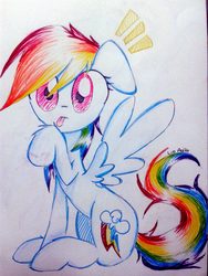 Size: 1536x2048 | Tagged: safe, artist:liaaqila, rainbow dash, g4, behaving like a cat, cute, dashabetes, female, licking, looking at you, solo, terrified, tongue out, traditional art