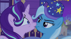 Size: 642x352 | Tagged: safe, screencap, starlight glimmer, trixie, pony, g4, to where and back again, boop, hat, lidded eyes, looking at each other, misleading thumbnail, nightcap, nose wrinkle, noseboop, not what it looks like, out of context, shipping fuel, trixie's nightcap, unamused, wide eyes