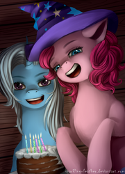 Size: 1168x1620 | Tagged: safe, artist:torifeather, pinkie pie, trixie, pony, unicorn, g4, accessory swap, birthday, birthday cake, cake, female, food, lidded eyes, looking at you, mare, open mouth, smiling, trixie's hat