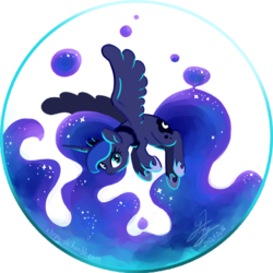 Size: 468x468 | Tagged: safe, artist:chirpy-chi, princess luna, g4, bubble, female, flying, huge mane, huge tail, simple background, solo, transparent background