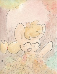 Size: 696x901 | Tagged: safe, artist:slightlyshade, applejack, earth pony, pony, g4, autumn, eyes closed, female, leaf pile, leaves, silly, silly pony, solo, traditional art, who's a silly pony