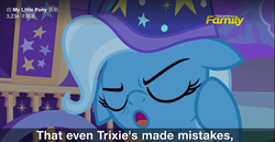 Size: 1366x704 | Tagged: safe, screencap, trixie, pony, g4, to where and back again, discovery family logo, facebook, female, floppy ears, mare, solo, subtitles