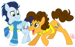 Size: 1028x647 | Tagged: safe, artist:hufflepuffrave, cheese sandwich, soarin', pony, g4, clothes, cute, hoodie