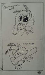 Size: 761x1280 | Tagged: safe, artist:notenoughapples, oc, oc only, oc:scarlet strings, mothpony, original species, comic, cute, dab, descriptive noise, dialogue, inktober, meme, monochrome, offscreen character, traditional art