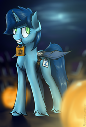 Size: 1101x1625 | Tagged: safe, artist:toanderic, oc, oc only, oc:sweet cakes, pony, unicorn, candy, cardboard wings, clothes, costume, duct tape, food, halloween, night, pumpkin, simple background, solo, sweets
