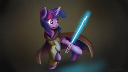 Size: 1280x720 | Tagged: safe, artist:ailynd, twilight sparkle, alicorn, pony, g4, cape, clothes, crossover, female, jedi, lightsaber, magic, solo, star wars, telekinesis, twilight sparkle (alicorn), weapon