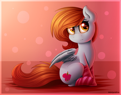 Size: 3300x2600 | Tagged: safe, artist:spirit-dude, oc, oc only, oc:spirit rose, pegasus, pony, clothes, female, high res, looking up, pegasus oc, sitting, socks, solo, striped socks, wings