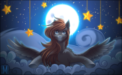 Size: 1600x988 | Tagged: safe, artist:margony, oc, oc only, pegasus, pony, chest fluff, cloud, ear fluff, flying, moon, night, solo, stars, tangible heavenly object
