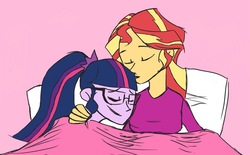 Size: 1532x949 | Tagged: safe, sci-twi, sunset shimmer, twilight sparkle, equestria girls, g4, bed, female, lesbian, pillow, ship:sci-twishimmer, ship:sunsetsparkle, shipping, sleeping