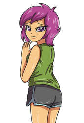 Size: 2362x3472 | Tagged: safe, artist:sumin6301, scootaloo, equestria girls, g4, ass, butt, clothes, female, high res, looking back, older, sad, scootabutt, shorts, solo, wavy mouth