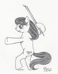 Size: 941x1204 | Tagged: safe, artist:arctic-lux, octavia melody, earth pony, pony, g4, anatomically incorrect, bipedal, bow (instrument), cello bow, female, incorrect leg anatomy, monochrome, solo, traditional art