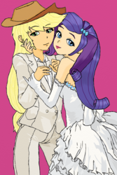 Size: 700x1050 | Tagged: safe, artist:eulicious, applejack, rarity, human, g4, clothes, dress, female, humanized, lesbian, looking at you, marriage, missing freckles, ship:rarijack, shipping, simple background, tuxedo, wedding dress