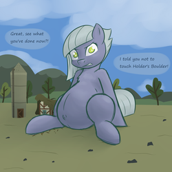 Size: 2000x2000 | Tagged: safe, artist:funble, limestone pie, earth pony, pony, g4, belly, belly button, big belly, dialogue, female, giant pony, high res, looking at you, macro, pregnant, pregnant limestone, rock farm, sitting, solo