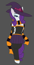 Size: 2988x5711 | Tagged: safe, artist:monanniverse, rarity, pony, semi-anthro, g4, bipedal, clothes, female, gray background, hair over one eye, halloween, hat, outfit, simple background, socks, solo, witch, witch hat