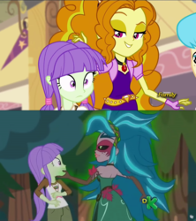 Size: 1920x2160 | Tagged: safe, screencap, adagio dazzle, gaea everfree, gloriosa daisy, starlight, equestria girls, g4, my little pony equestria girls: legend of everfree, my little pony equestria girls: rainbow rocks, discovery family logo, discovery kids, frown, grin, lidded eyes, personal space invasion, petting, smiling, stranger danger, wide eyes
