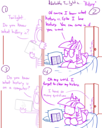 Size: 1280x1611 | Tagged: safe, artist:adorkabletwilightandfriends, spike, twilight sparkle, dragon, pony, comic:adorkable twilight and friends, g4, adorkable twilight, bed, bedroom, blushing, book, comic, computer, dialogue, embarrassed, floppy ears, frown, history, internet, internet history, laptop computer, lineart, open mouth, pillow, prone, raised eyebrow, simple background, slice of life, sweat, wavy mouth, wide eyes