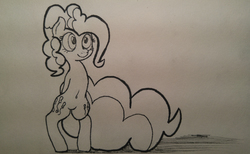 Size: 4864x2988 | Tagged: safe, artist:mang, pinkie pie, g4, belly button, black and white, female, grayscale, inktober, inktober 2016, monochrome, solo, traditional art